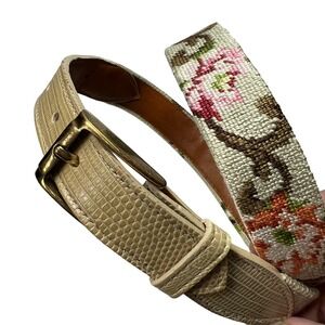 Vintage Needlepoint Belt Women Floral Lizard Embossed Leather Art to Wear Artsy